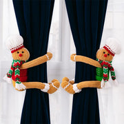 Gingerbread man curtain tiebacks in red and green, with knit details and white trim.