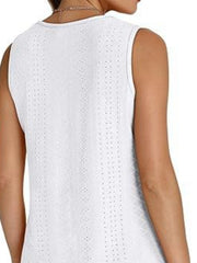 White eyelet V-neck sleeveless tank top with breathable fabric detail