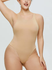 Tan tank bodysuit with high-cut leg and scoop neckline