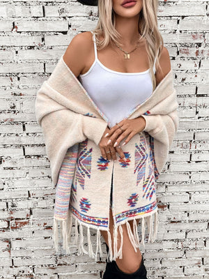 Cream Aztec fringe knit cardigan with colorful geometric pattern and open front.