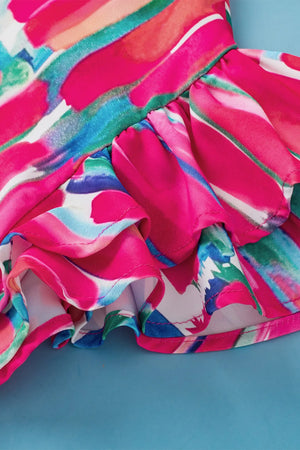 Brushstroke ruffle sleeve blouse in hot pink with abstract print and V-neck detail