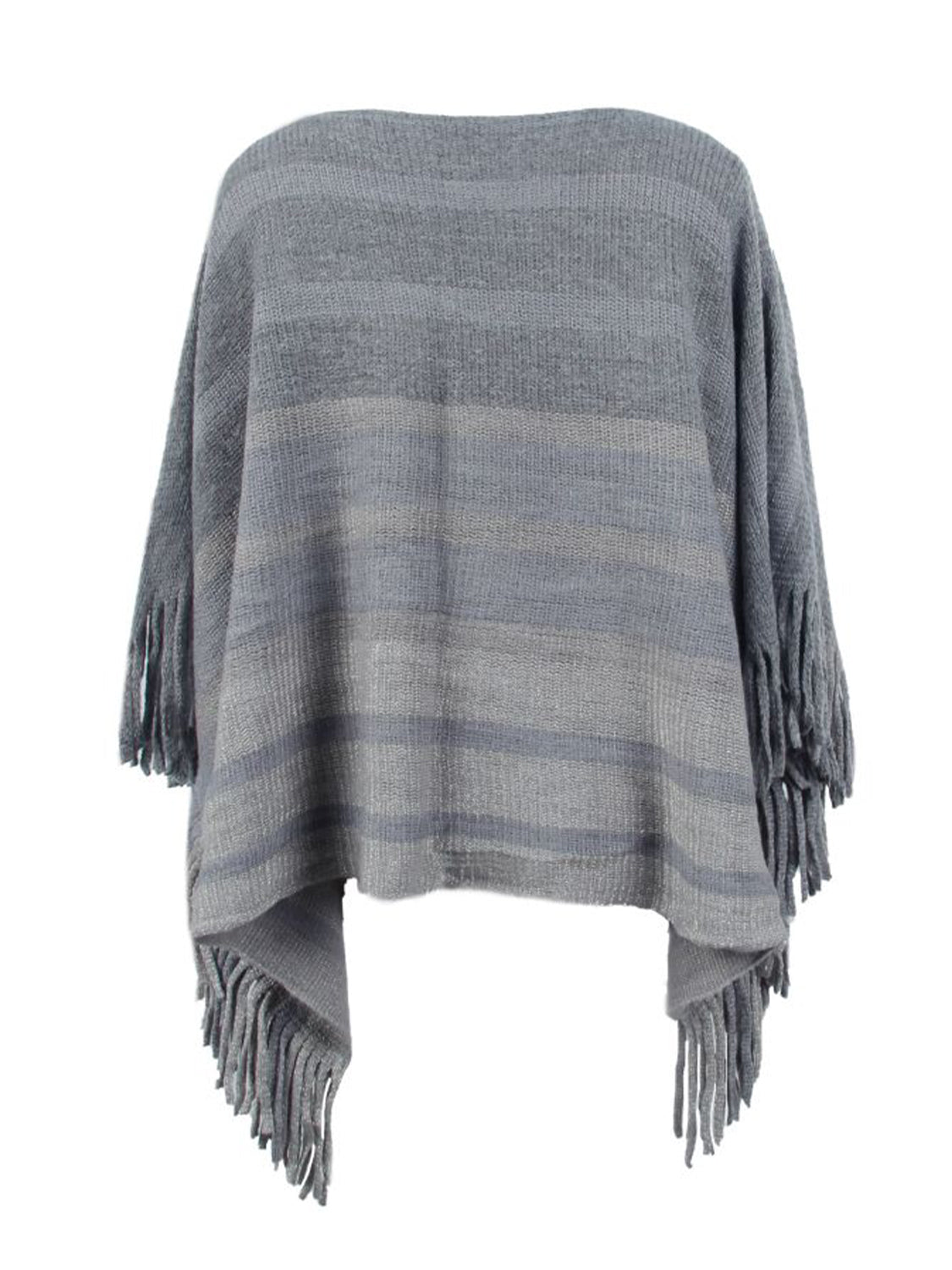 Striped fringe poncho in charcoal with a boat neckline and fringed hem.