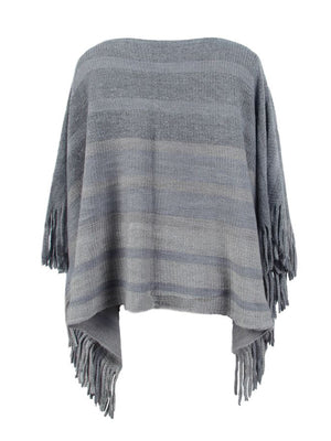 Striped fringe poncho in charcoal with a boat neckline and fringed hem.