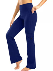 Blue pocketed high-waisted yoga pants with flared leg and cargo pocket detail.