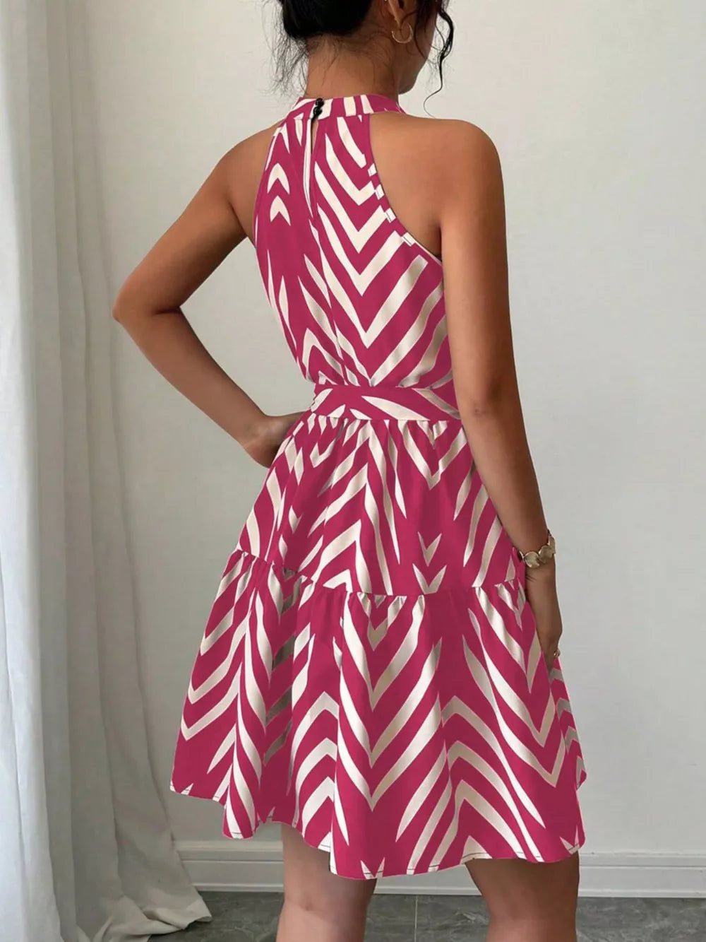 Rose red halter neck tie-waist ruffle dress with chevron print