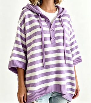 Striped Hooded Sweater With Button Detail in Blue, alternate angle
