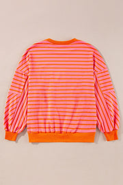 Chevron-Inset Stripe Sweatshirt in pink and orange horizontal stripes with balloon sleeves.
