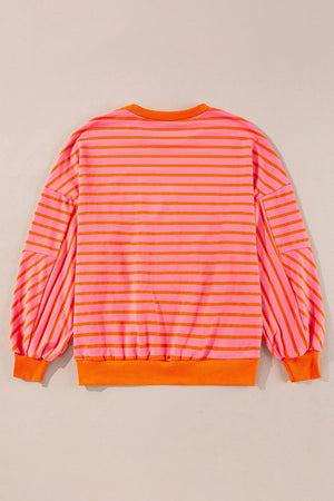 Chevron-Inset Stripe Sweatshirt in pink and orange horizontal stripes with balloon sleeves.