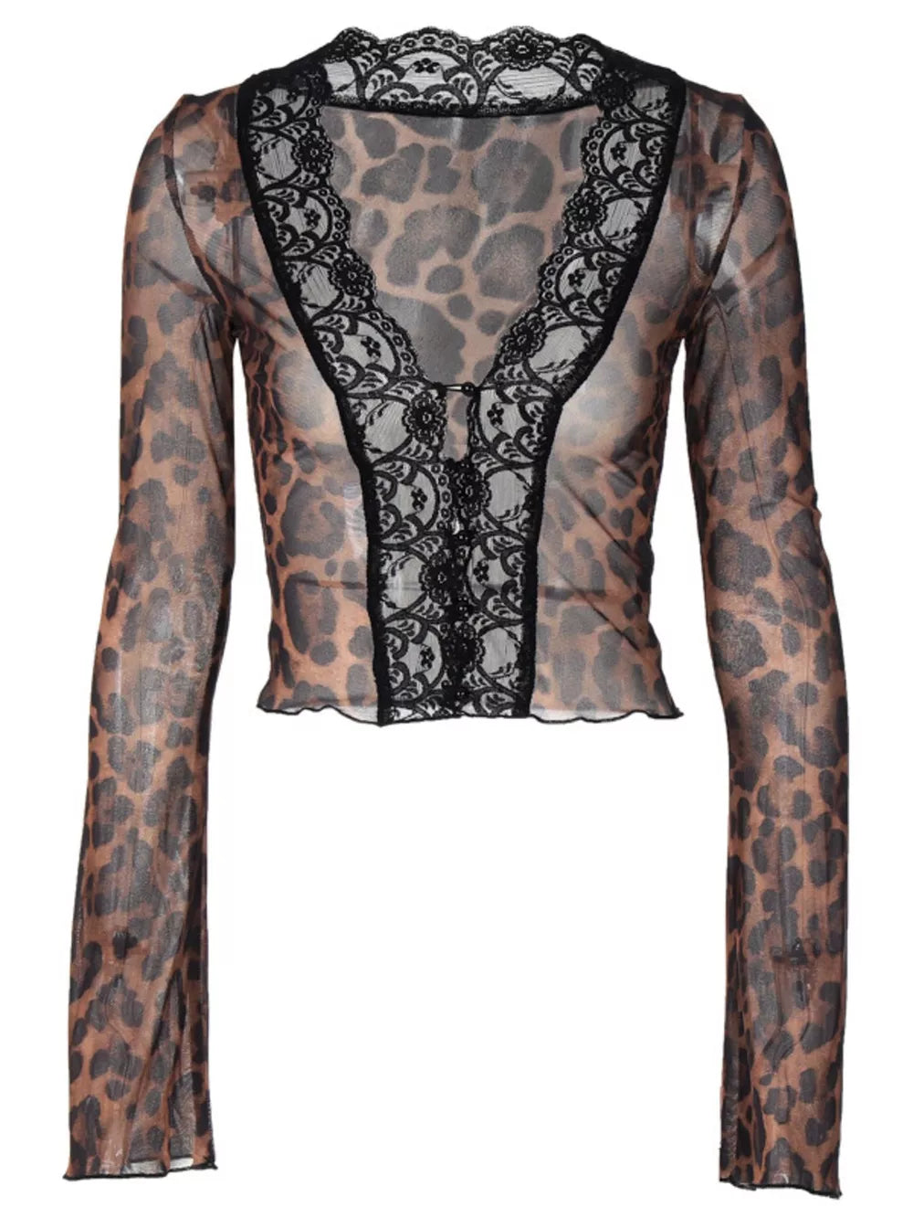 Sheer leopard print t-shirt with black lace trim and V-neck