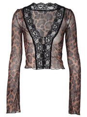 Sheer leopard print t-shirt with black lace trim and V-neck