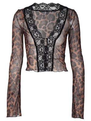 Sheer leopard print t-shirt with black lace trim and V-neck