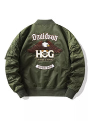 Army green embroidered bomber jacket with eagle and text graphics on back.