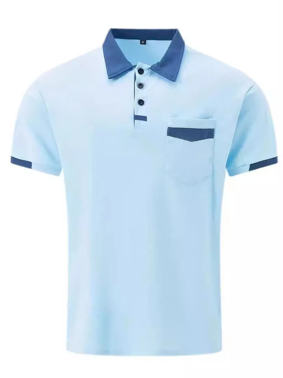Light blue polo shirt with navy collar, pocket and sleeve trim.