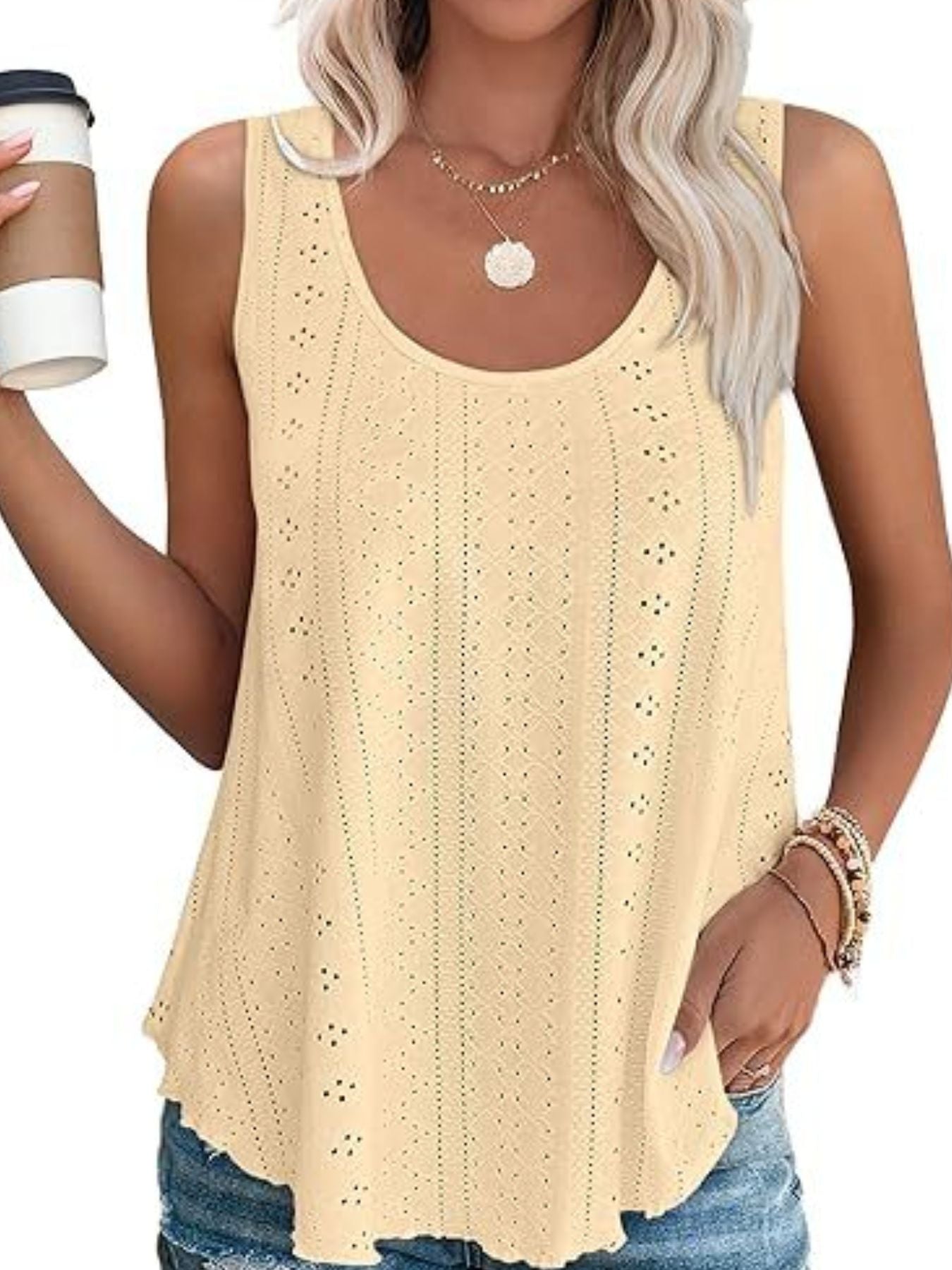 Pastel Yellow eyelet scoop neck tank top with intricate patterned eyelet details.