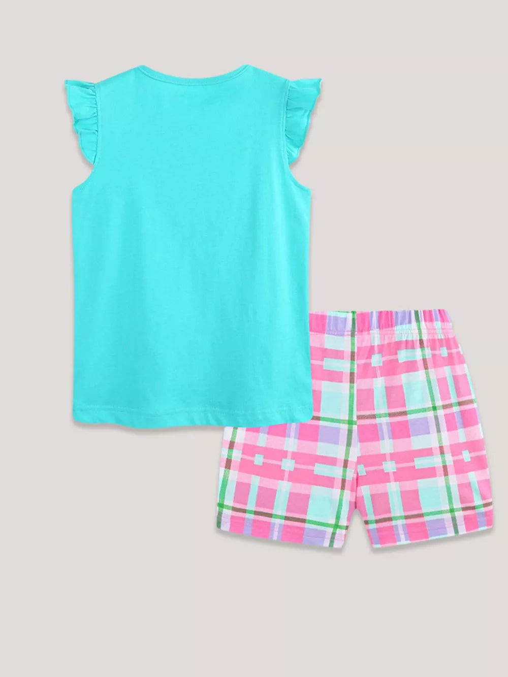 Toddler girls' turquoise t-shirt with flutter sleeves and pink plaid shorts.
