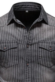Black vertical stripe denim western shirt with buttoned pockets and collar.