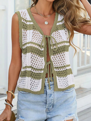 Striped openwork crochet cardigan in green and white with tie front detail.