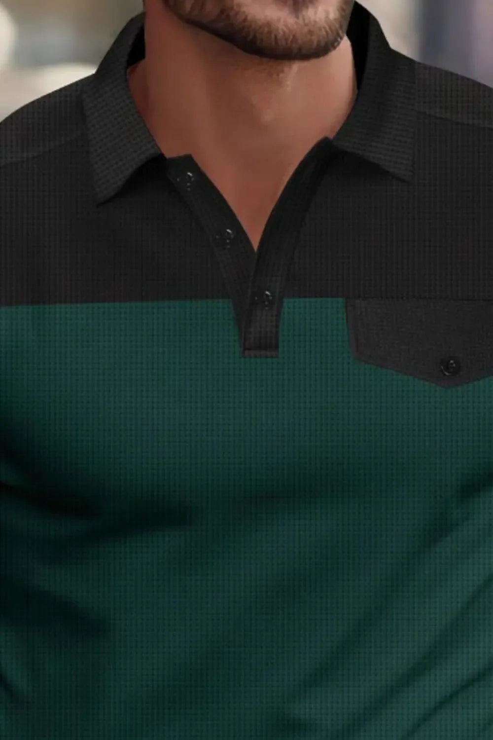 Colorblock waffle knit polo shirt in dark green and black with chest pocket detail.
