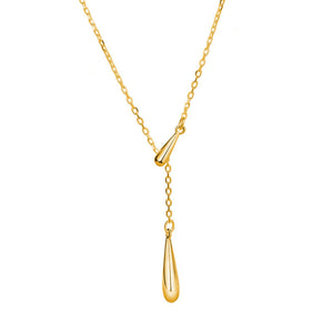 Gold Y-shaped pendant necklace with two teardrop charms, 18k gold-plated chain.