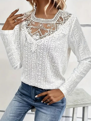 White eyelet embroidered blouse with lace yoke and long sleeves