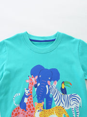 Toddler boys' teal cotton tee with jungle animal print and blue trim neckline.