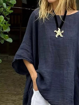 Full Size Loose Fit Asymmetrical Hem Top in Navy Blue, fabric detail