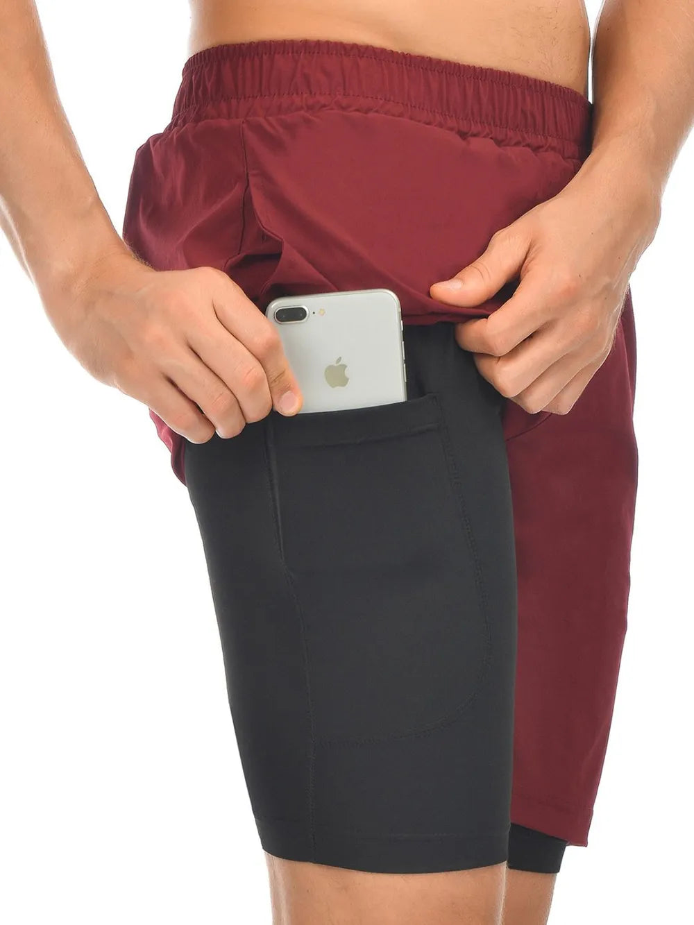 Burgundy dual-layer training shorts with black compression liner and phone pocket.