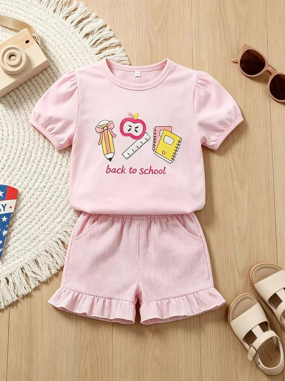 Children's Graphic Round Neck Tee And Shorts Set in Pink, front view