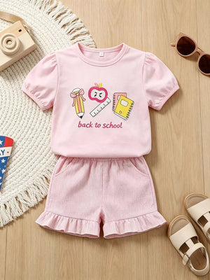 Children's Graphic Round Neck Tee And Shorts Set in Pink, front view