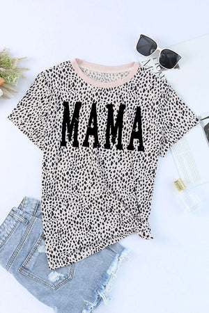 Dalmatian print t-shirt with black "MAMA" graphic and pink trim