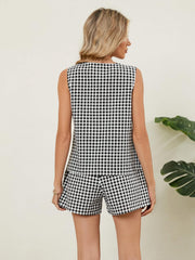 Black gingham linen vest and shorts set with a sleeveless top and short bottoms.