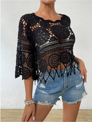 Black crochet medallion fringe top with bell sleeves and a scalloped hem.