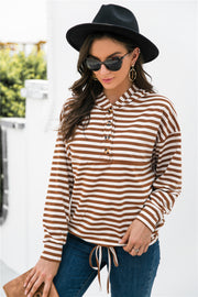 Button-neck striped hoodie in chestnut with drawstring waist and relaxed fit.