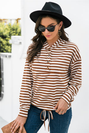 Button-neck striped hoodie in chestnut with drawstring waist and relaxed fit.