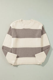 Relaxed knit sweater with bold horizontal stripes in cream and mocha. Acrylic blend.