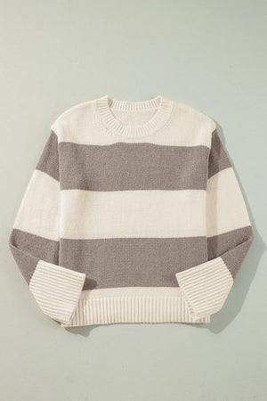 Relaxed knit sweater with bold horizontal stripes in cream and mocha. Acrylic blend.