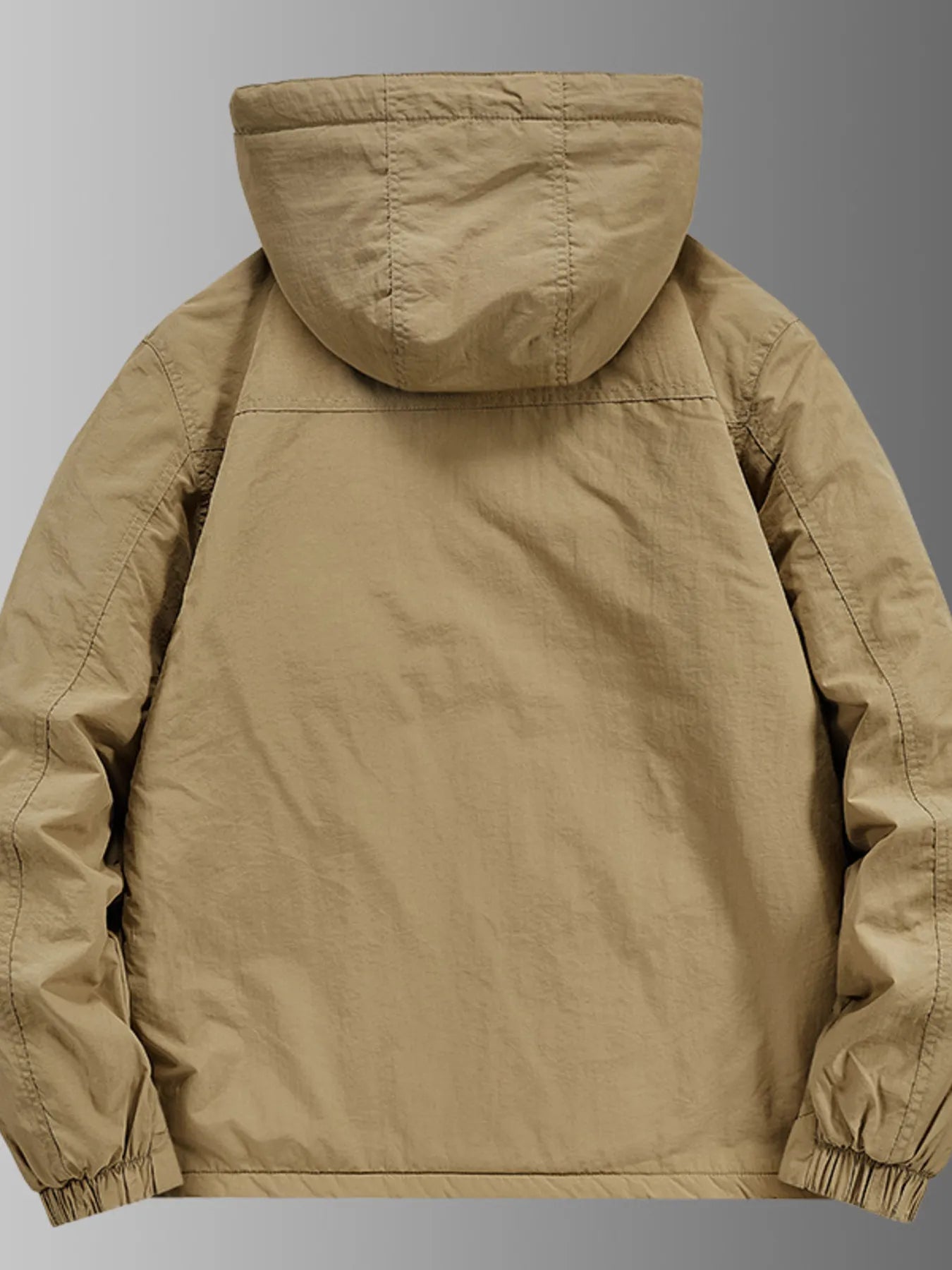 Khaki hooded waterproof jacket, back view, casual men's outerwear