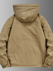 Khaki hooded waterproof jacket, back view, casual men's outerwear