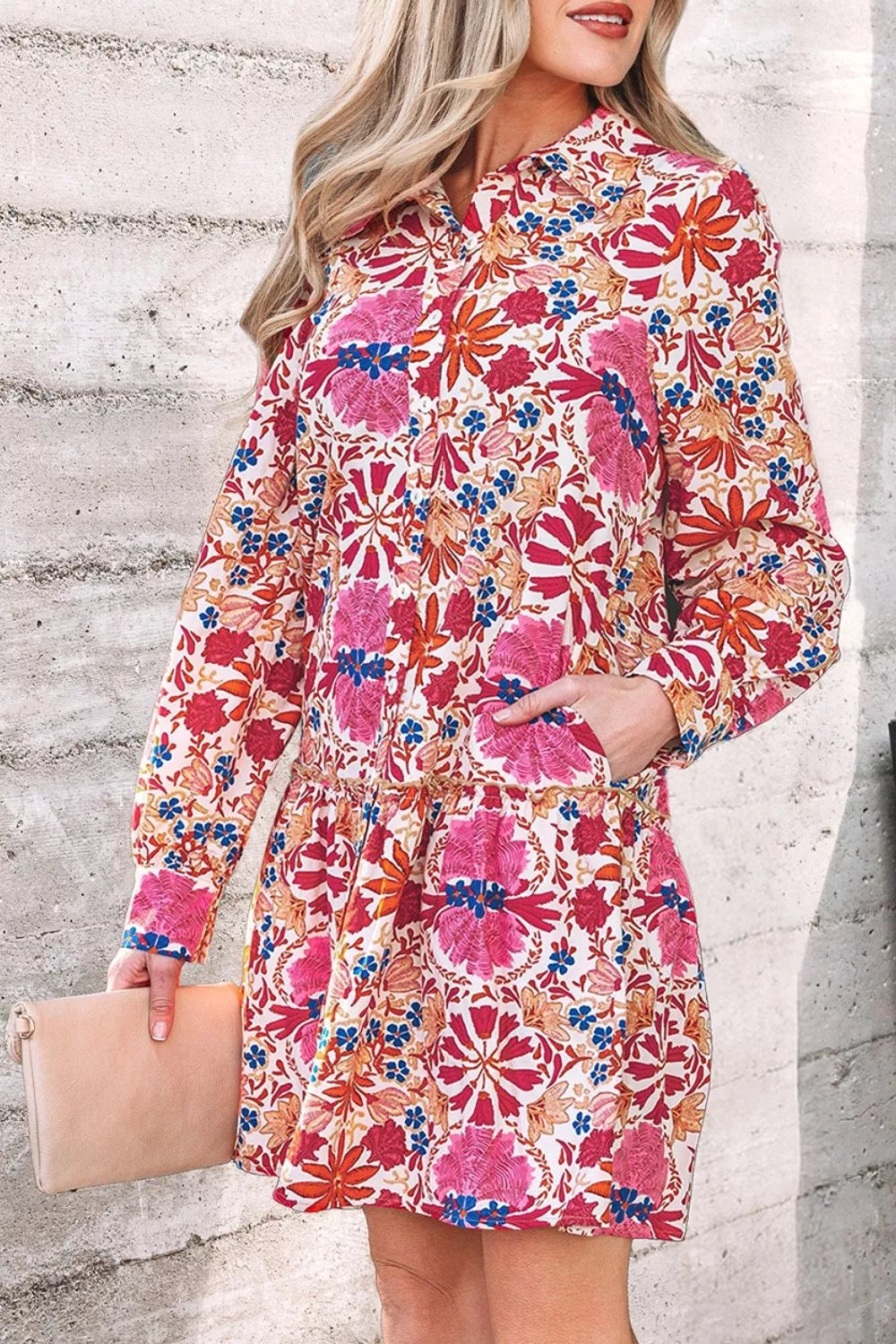 Fall Flower Print Long Sleeve Mini Dress in Dusty Pink, back view