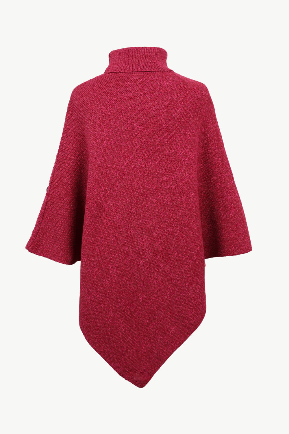 Deep Red acrylic turtleneck knit poncho with button detail and textured pattern.