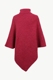 Deep Red acrylic turtleneck knit poncho with button detail and textured pattern.