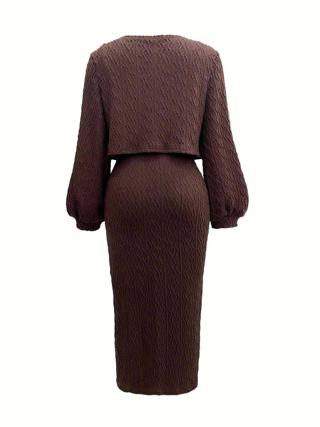 Brown textured midi dress and cropped cardigan set with balloon sleeves.