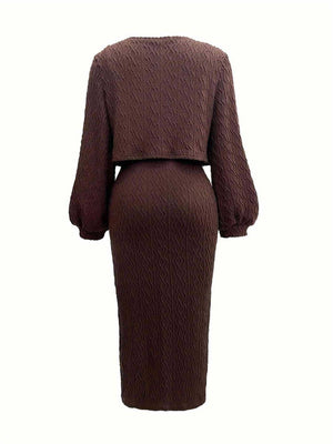 Brown textured midi dress and cropped cardigan set with balloon sleeves.