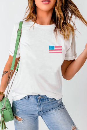 White cotton t-shirt with a small American flag graphic on the chest.
