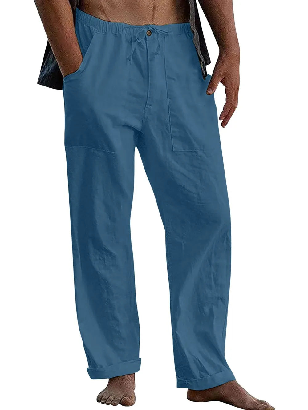 Sky Blue relaxed fit linen drawstring trousers with cuffed hems and pockets.