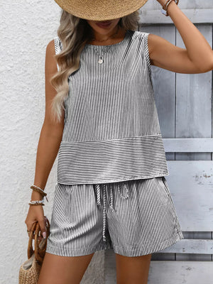 Black and white striped sleeveless top and drawstring shorts set
