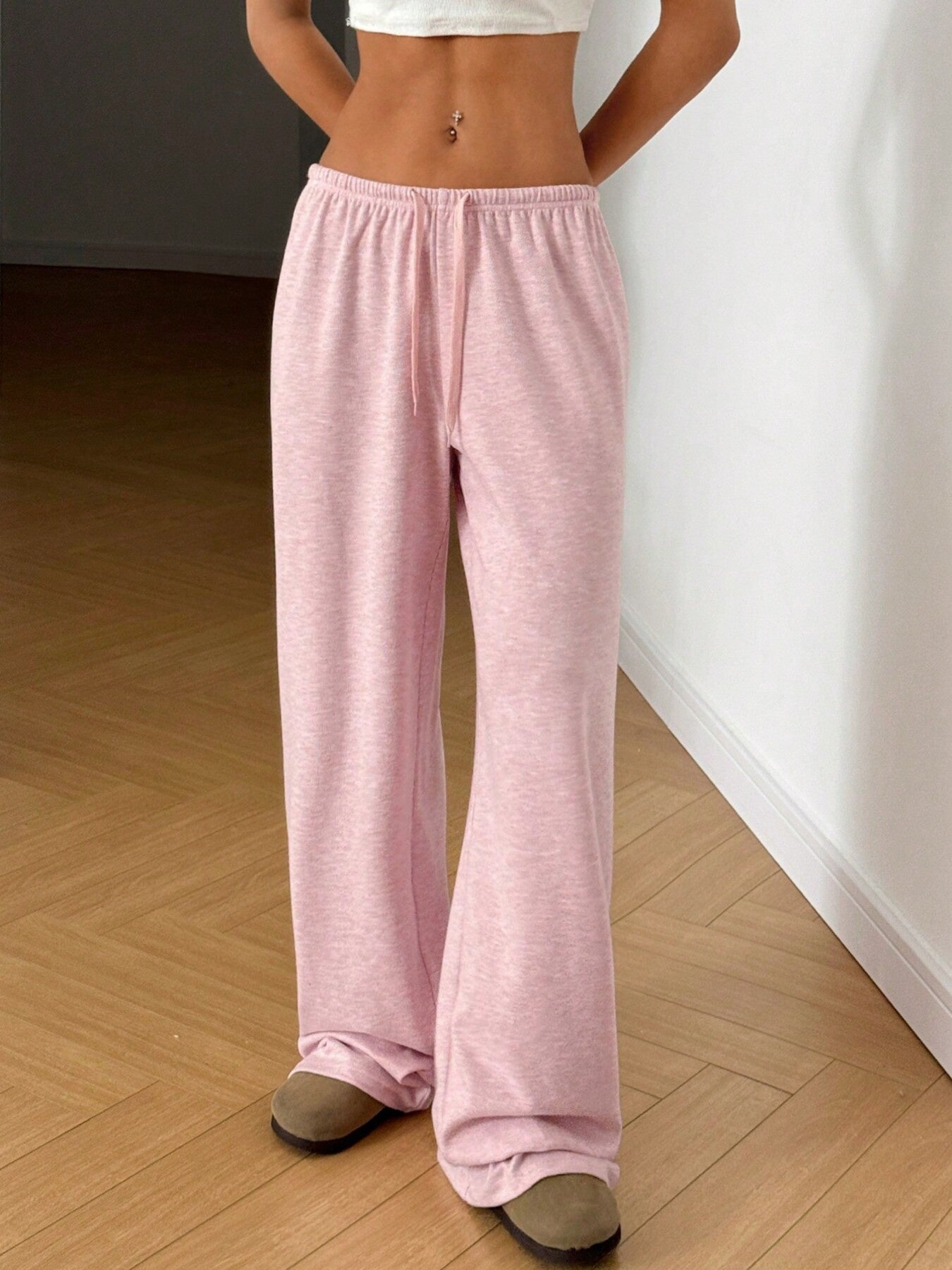 Blush pink casual wide-leg maternity pants with drawstring waist and ankle length