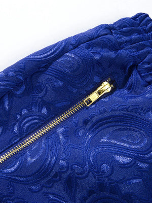Royal blue jacquard shorts with a zip pocket detail.