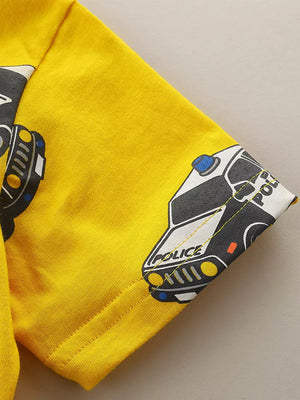 Yellow cotton blend t-shirt with playful police car print on sleeve, crew neck.