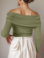 Sage knit off-the-shoulder sweater with long sleeves and draped neckline